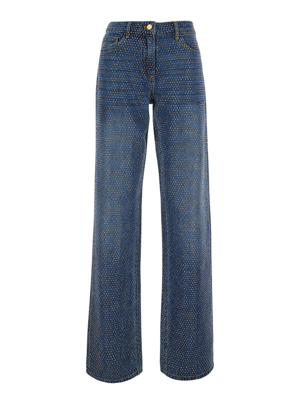 Wide-Leg Crystal-Embellished Blue Jeans Cotton