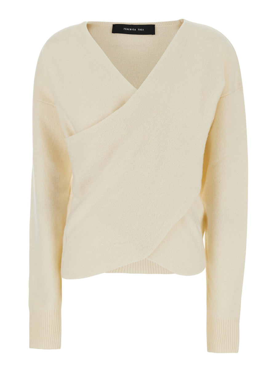 Sweater Crossed Pull White Wool & Cashmere Tops