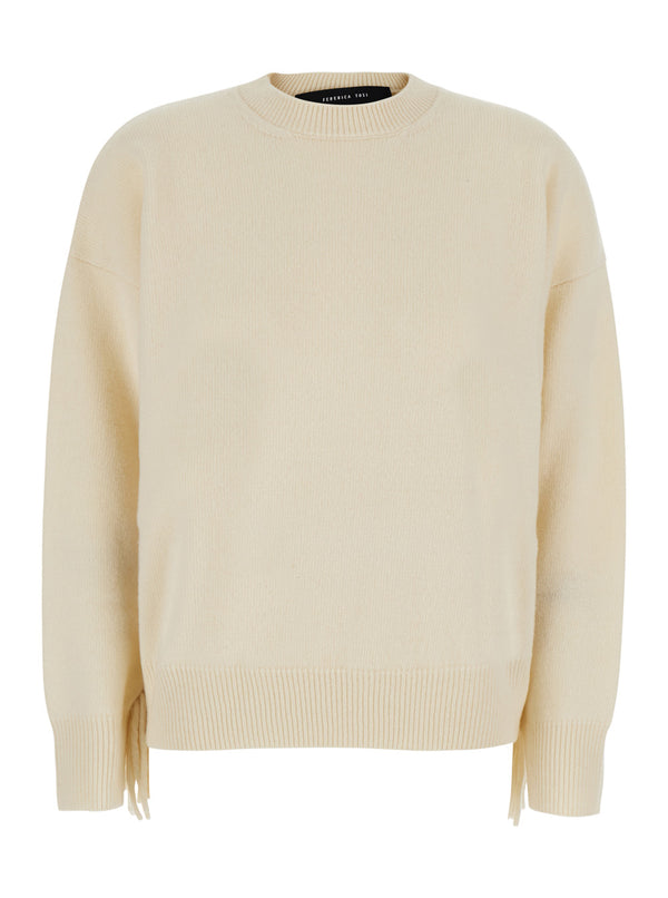 Fringed White Pullover Wool Tops