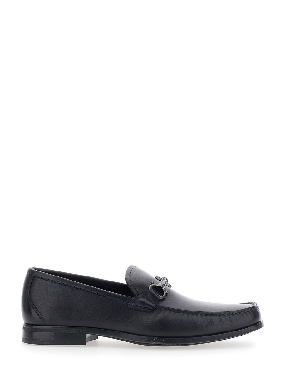 Loafers With Gancini Detail, Blue Leather Calfskin