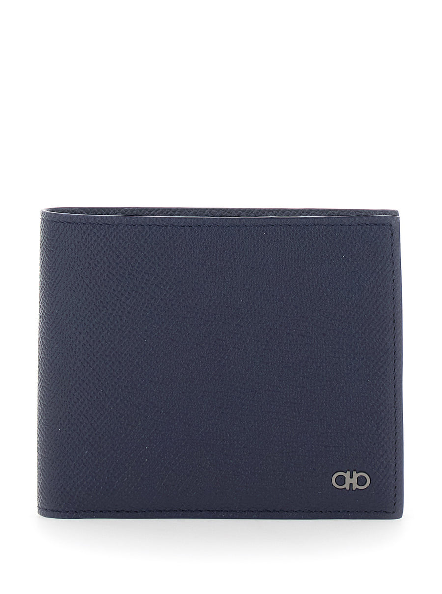 Bi-Fold Wallet Micro Gancini Blue Calf Leather