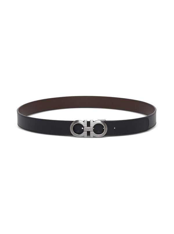 Leather Belt With Gancini Buckle Black-Brown Calf