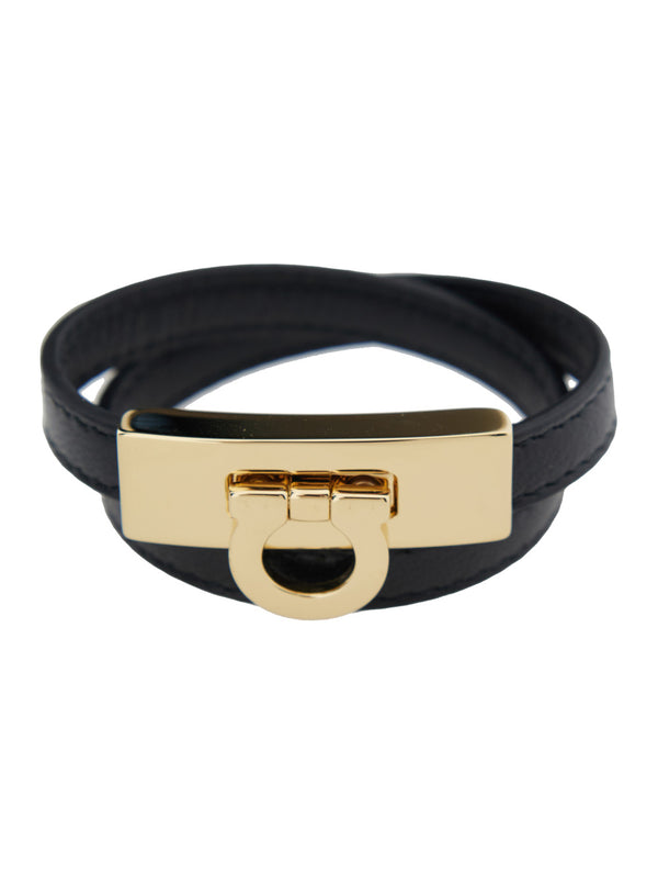 Bracelet Double Wrap Gancini Black Leather Lamb Bracelets