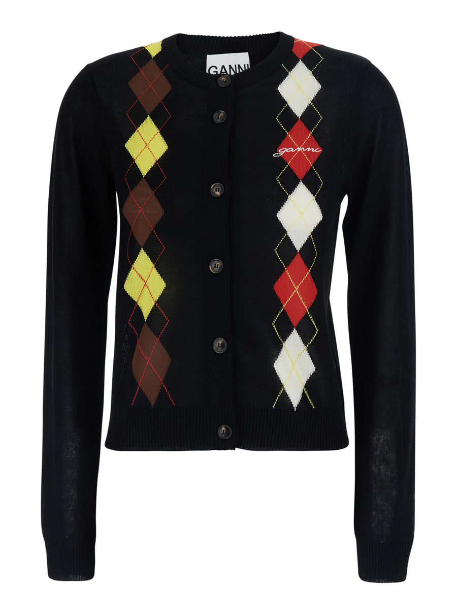 Crew Neck Cardigan Black Cotton Tops