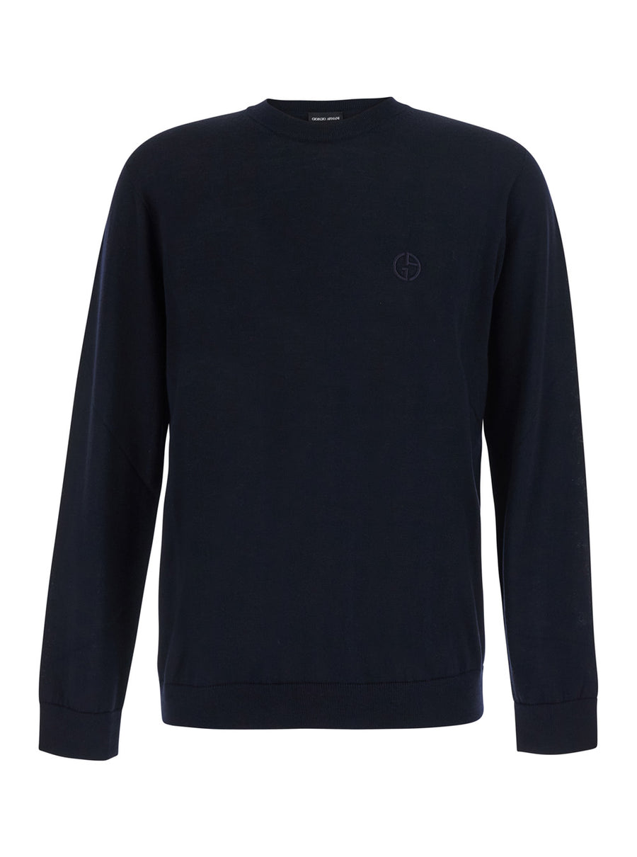 Crewneck Sweater Blue Merino Wool Virgin Tops