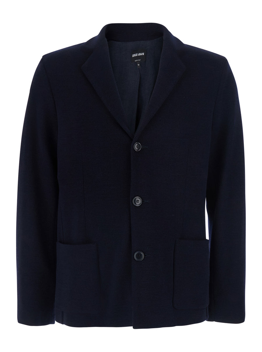 Wool Knit V-Neck Jacket Blue Virgin Blazers