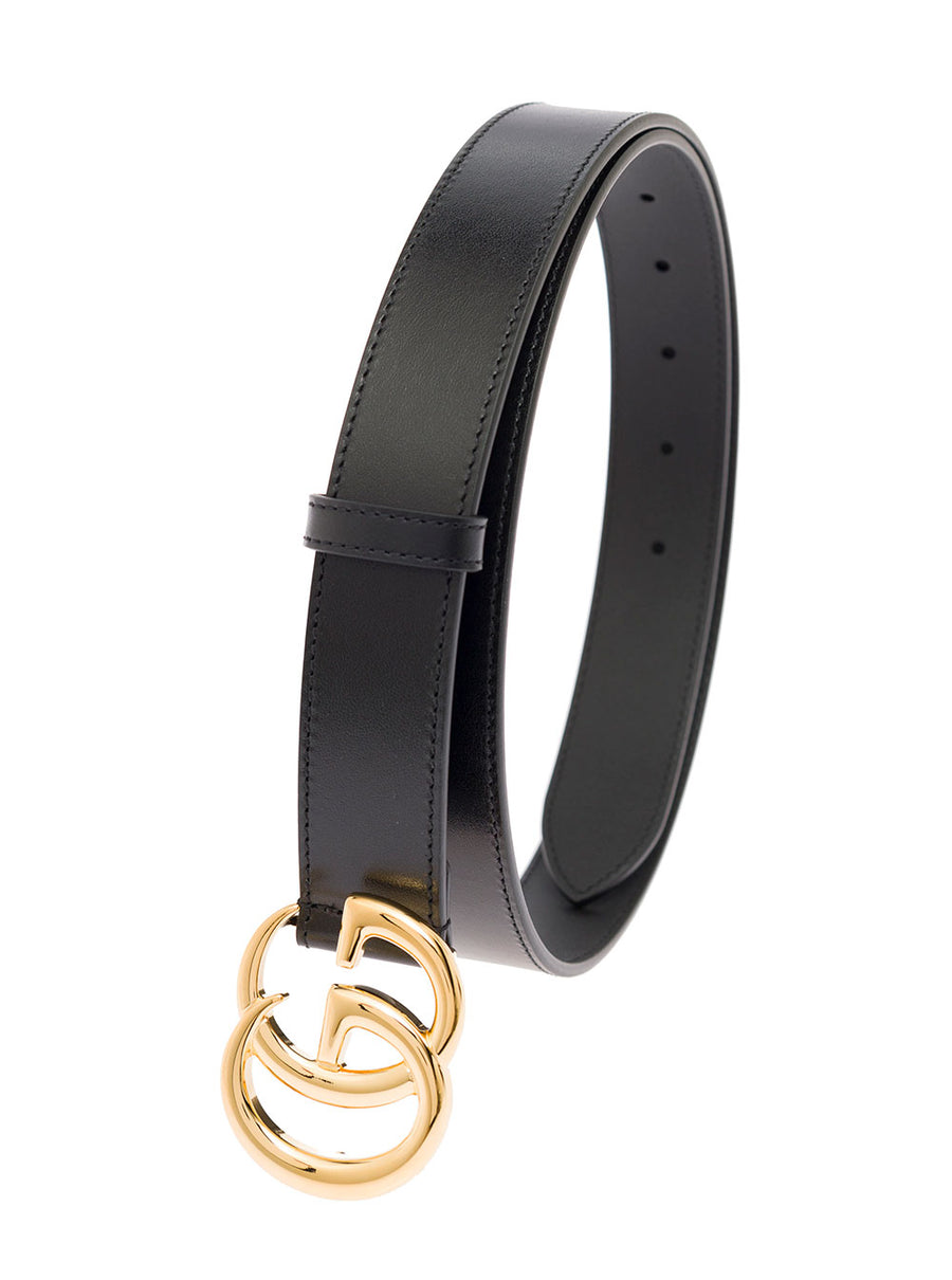 Belt With Gg Metal Buckle, Black Leather Calf