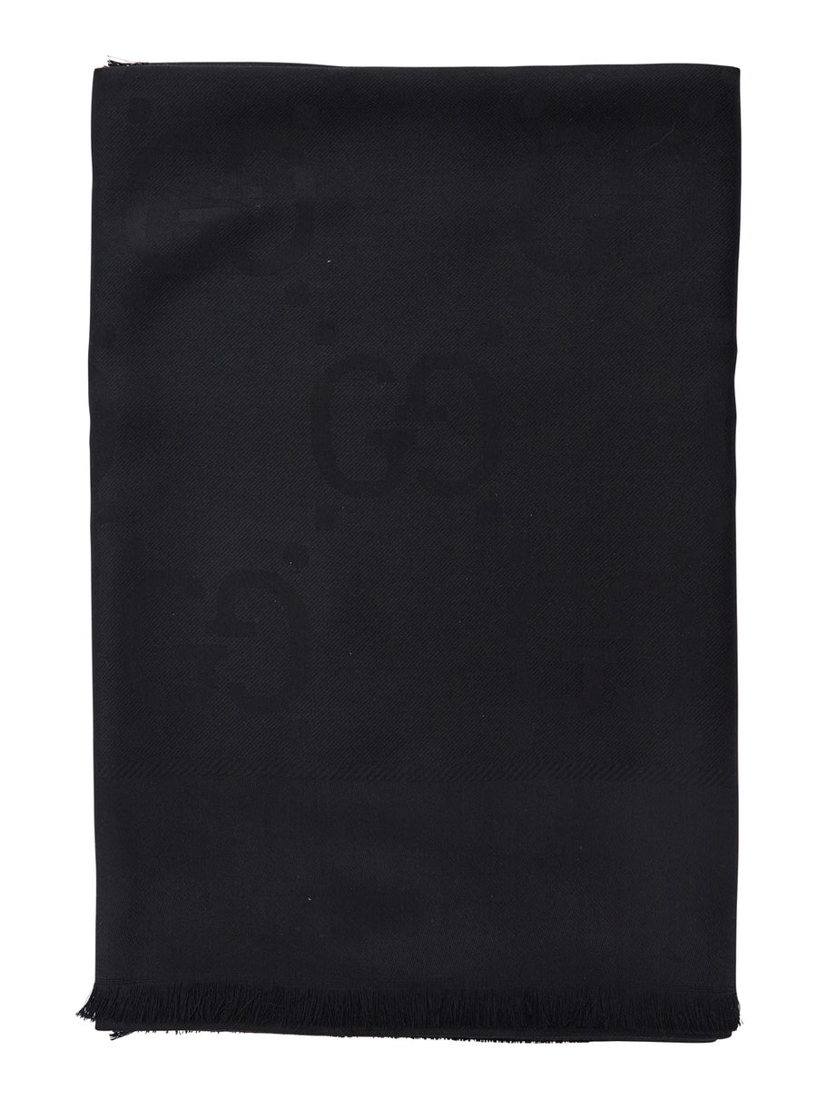 Scarf With Gg Motif, Black Silk-Wool