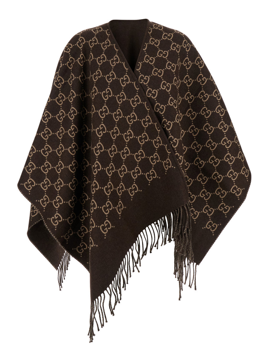 Cape With Fringes Brown Wool Coat