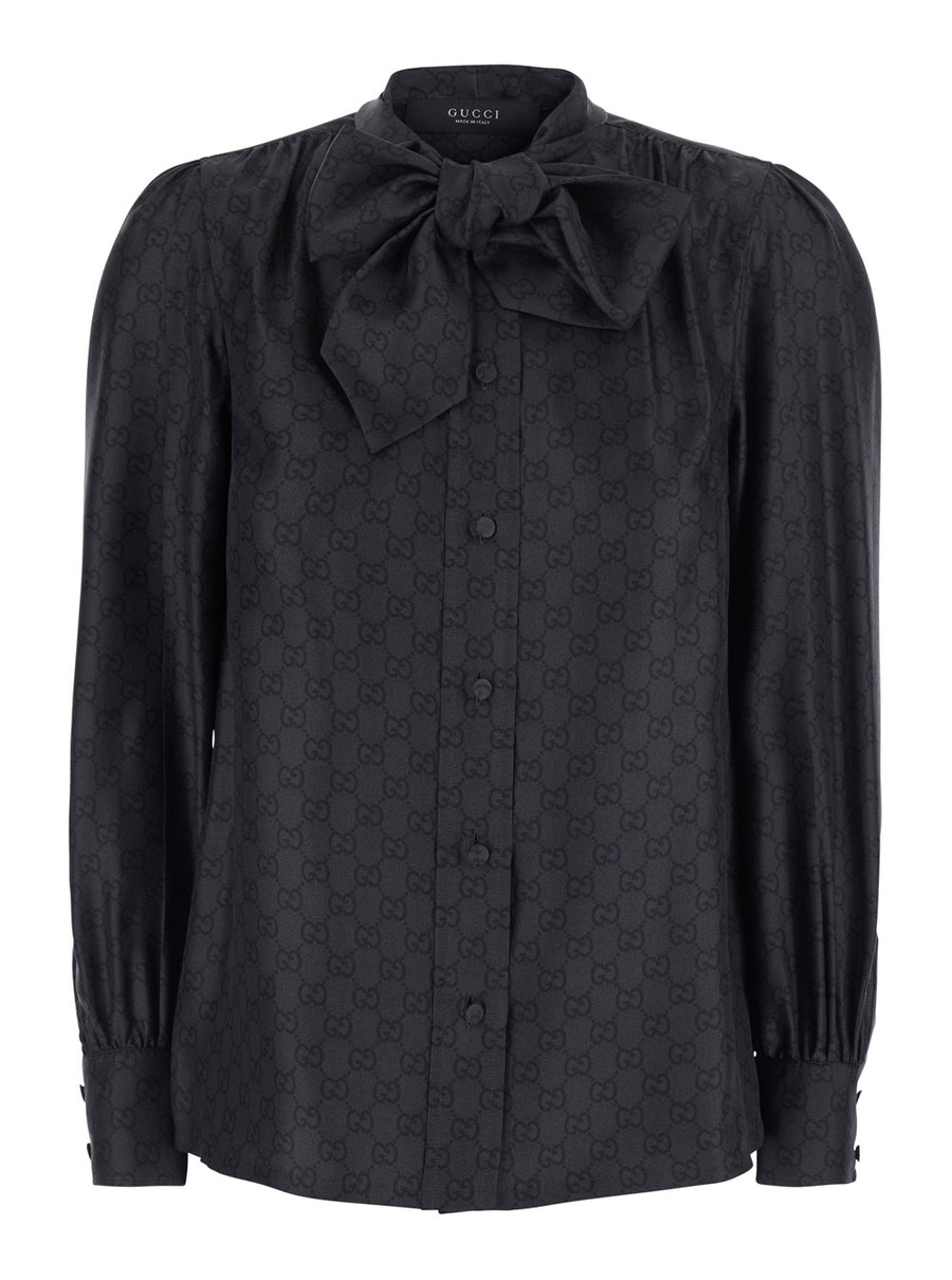 Silk Shirt With Knot Bow And Gg Print Black Blouses