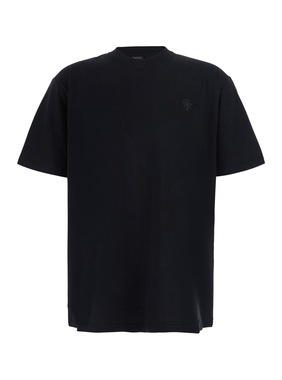 Crew Neck T-Shirt With Crest Embroidery Black Cotton T-shirts
