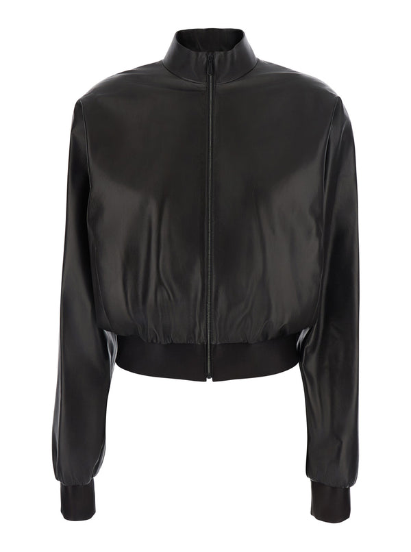 Cropped Leather Bomber Jacket Brown Coat
