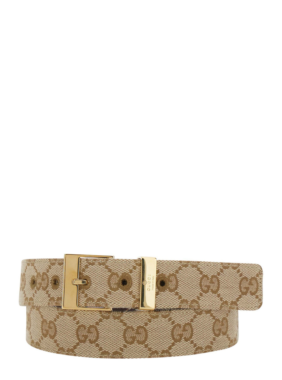 Belt With Square Buckle, Beige Leather And Fabric