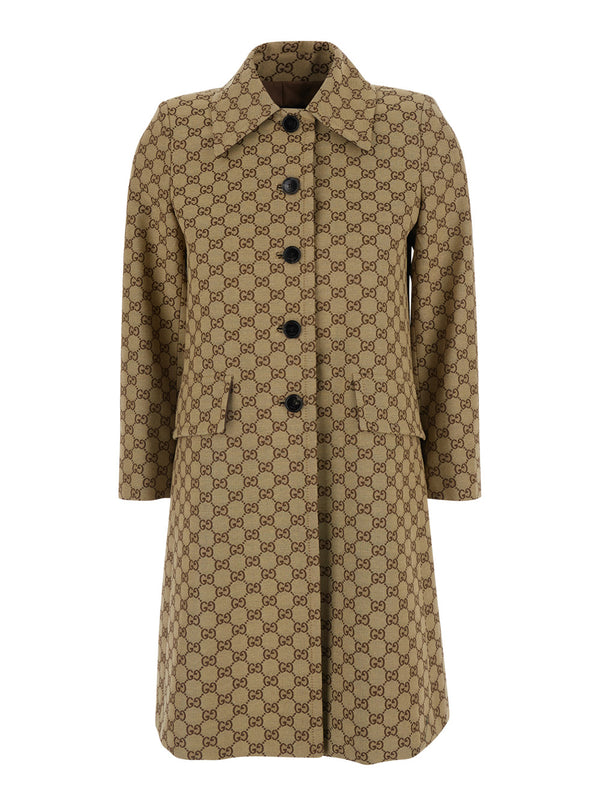 Coat Beige Gg Canvas With Pointed Collar