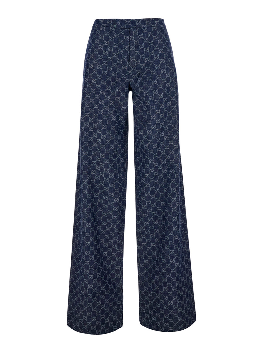 Chambray Denim Trousers With Gg Print Blue Cotton