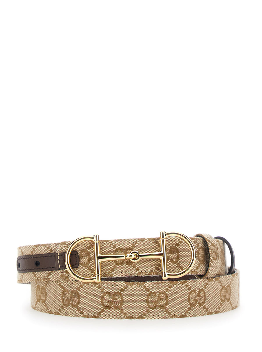 Leather Belt, Reversible With Horsebit Buckle — Brown And Gg Canvas