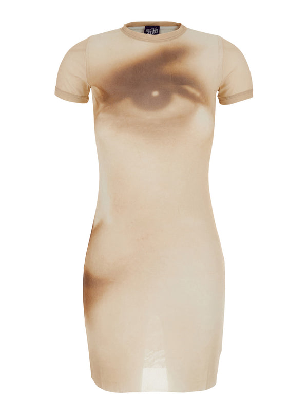 Short Dress With Face Print Tech Fabric Beige