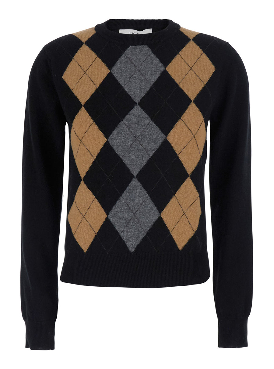 Round-Neck Sweater With Argyle Motif — Black Wool Tops
