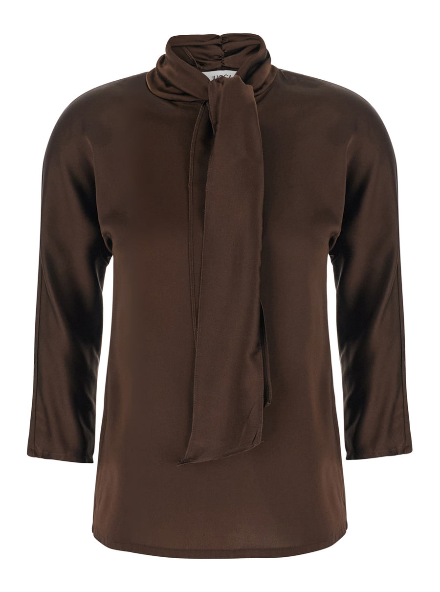 Top With Bow Neck Brown Silk Blouses