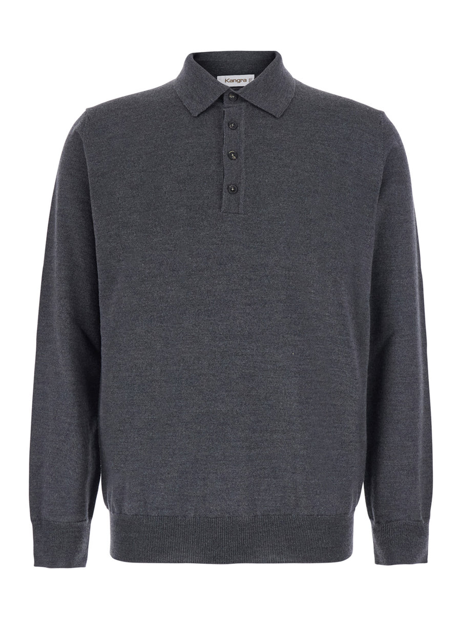 Long-Sleeve Merino Wool Polo Shirt Grey Extrafine