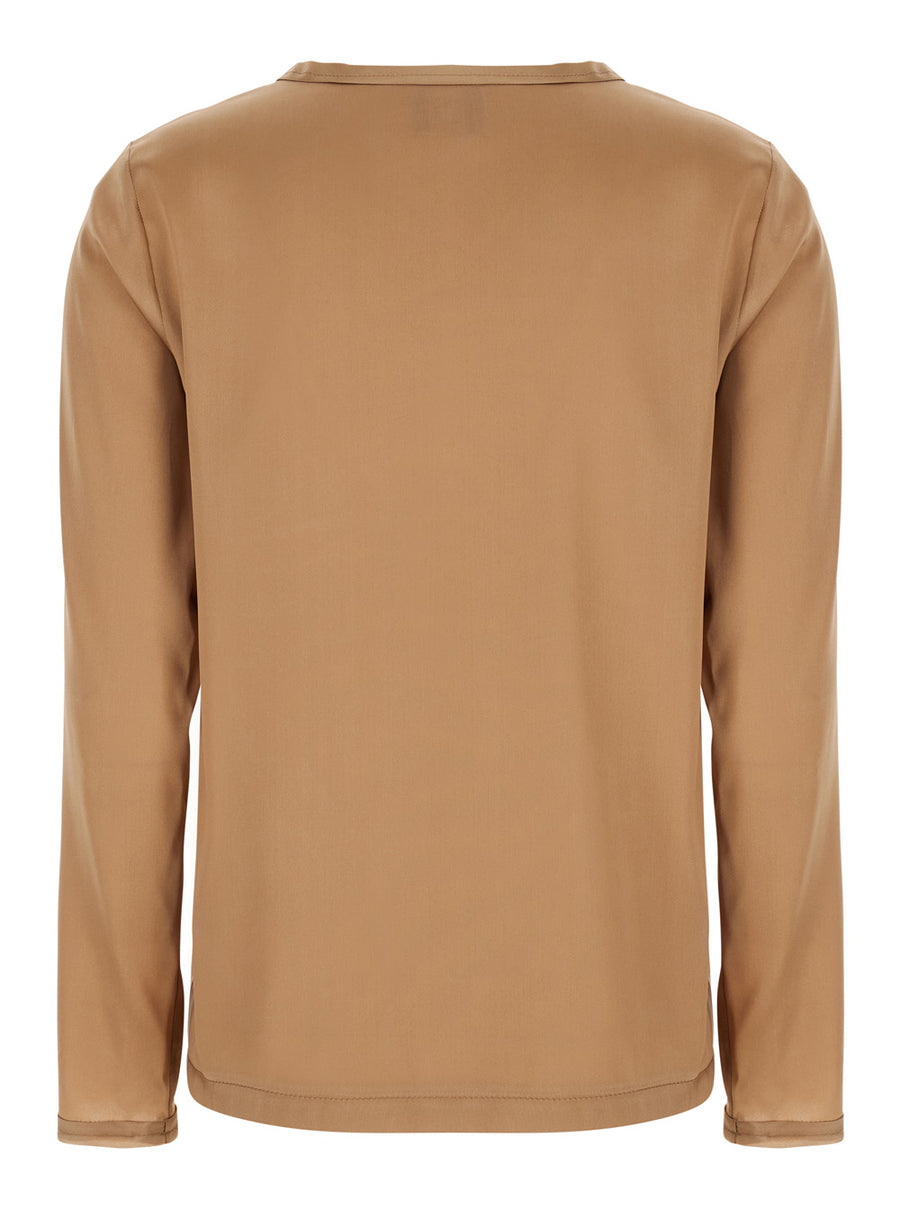 Long-Sleeve Silk Blouse, Beige Blouses