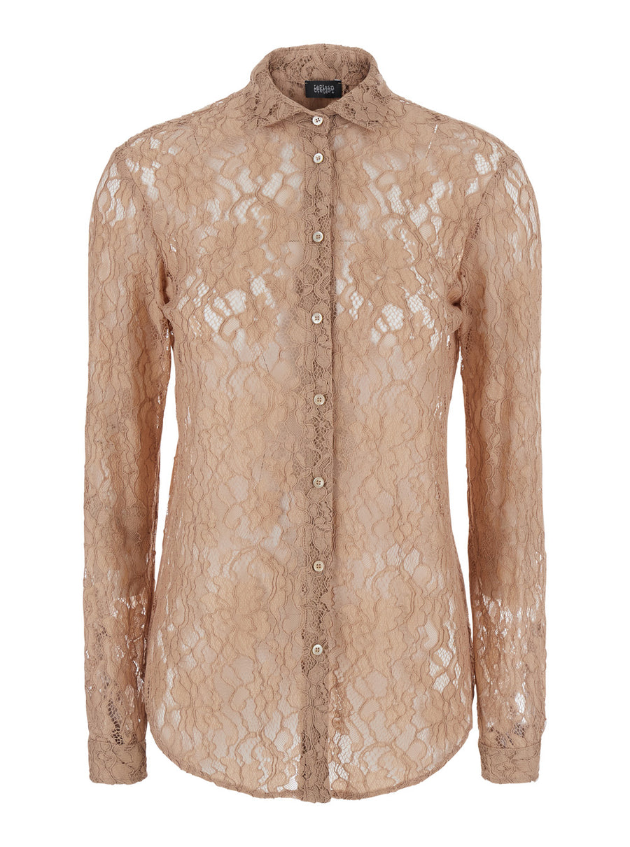 Shirt With Lace Embroidery, Beige Blouses