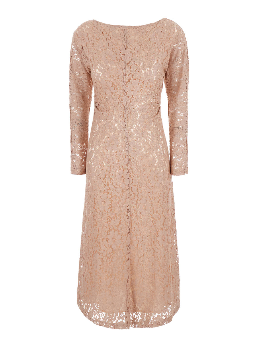 Long V-Neck Dress With Lace Sleeves, Pink