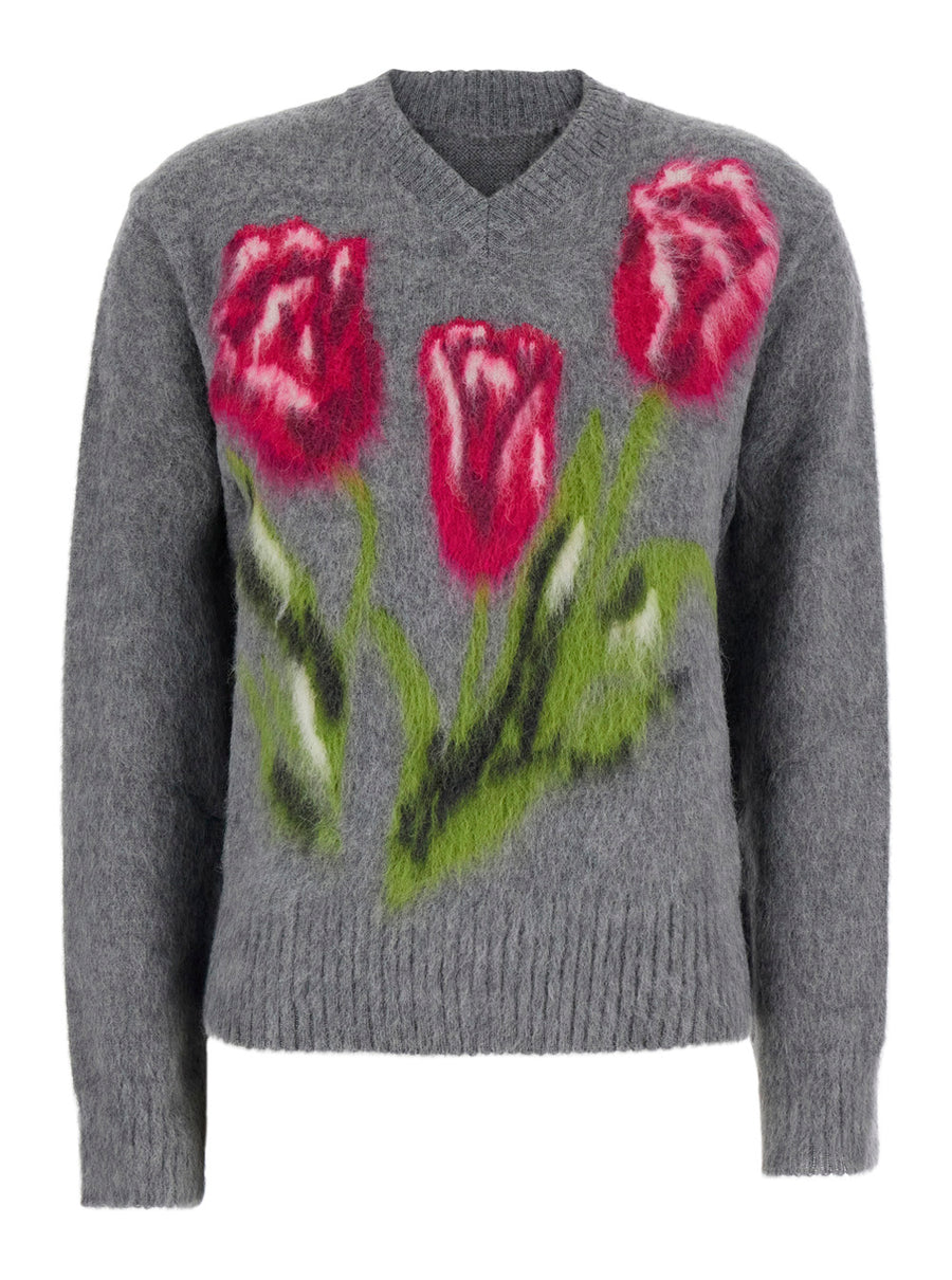 V-Neck Wool-Blend Sweater Grey Tops