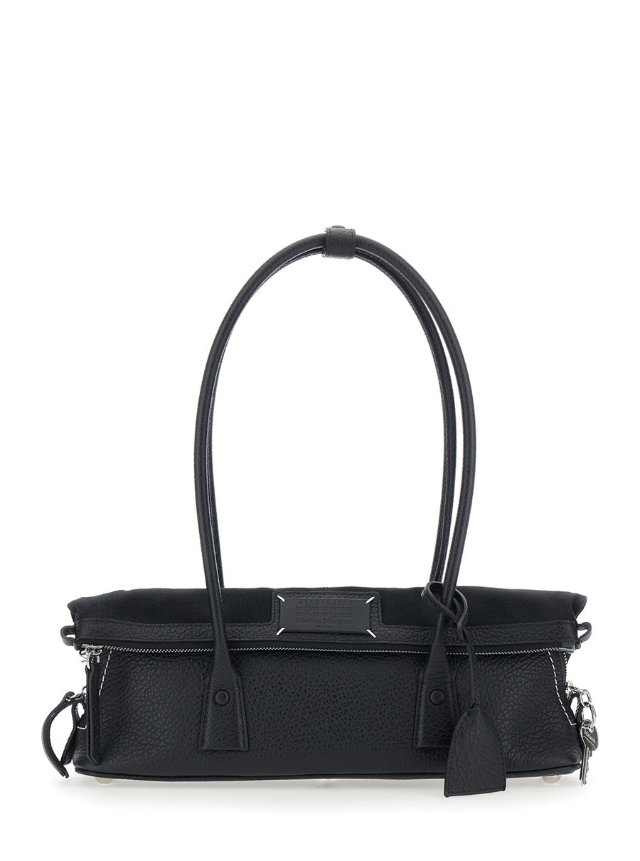 Shoulder Bag Leather Trim Black Calf