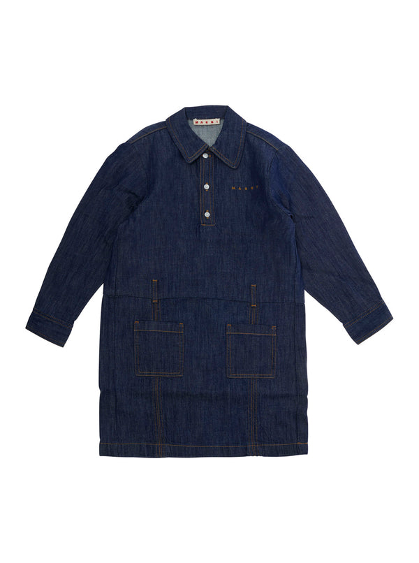Long-Sleeved Blue Cotton Dress