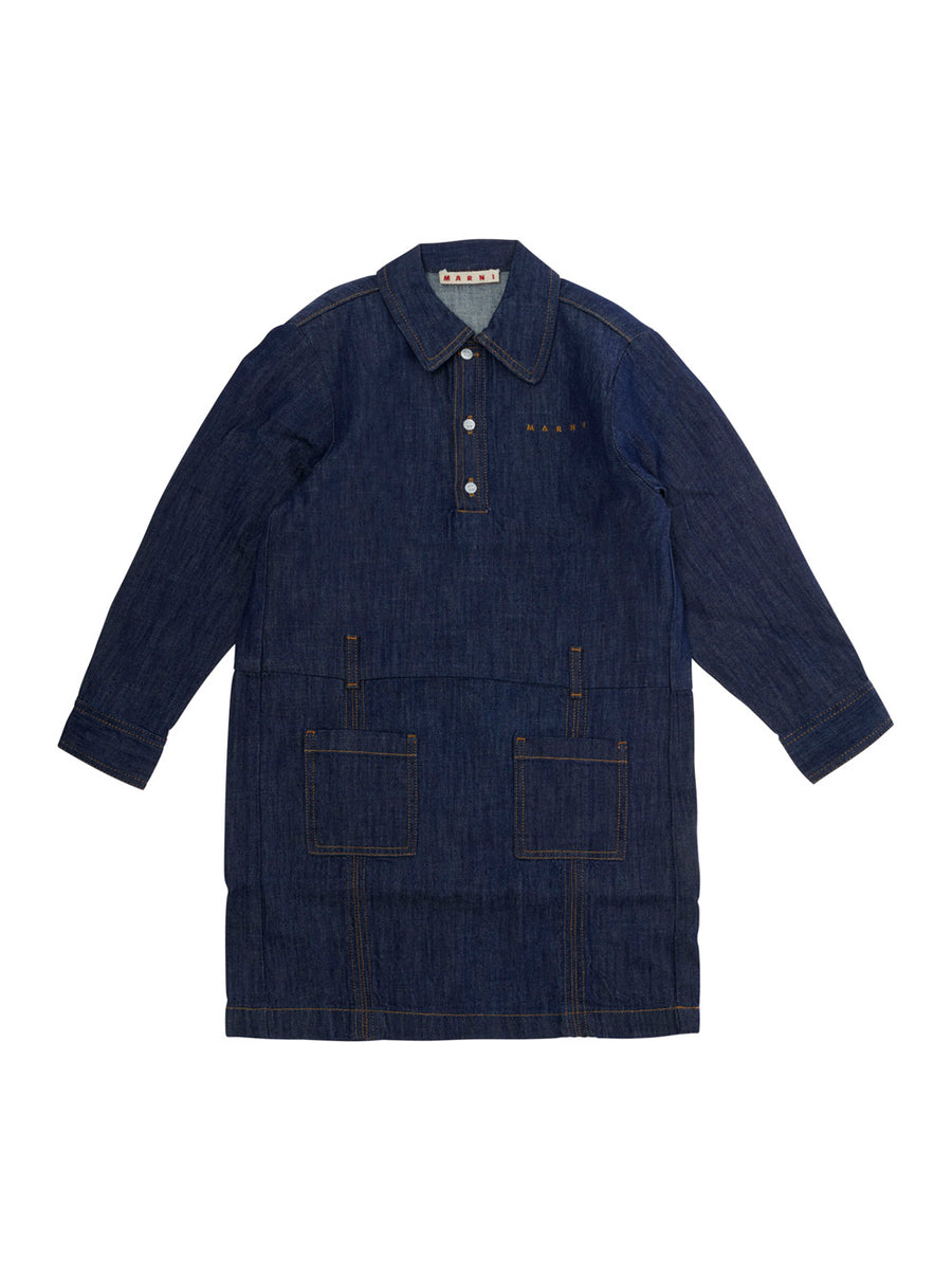 Long-Sleeved Blue Cotton Dress