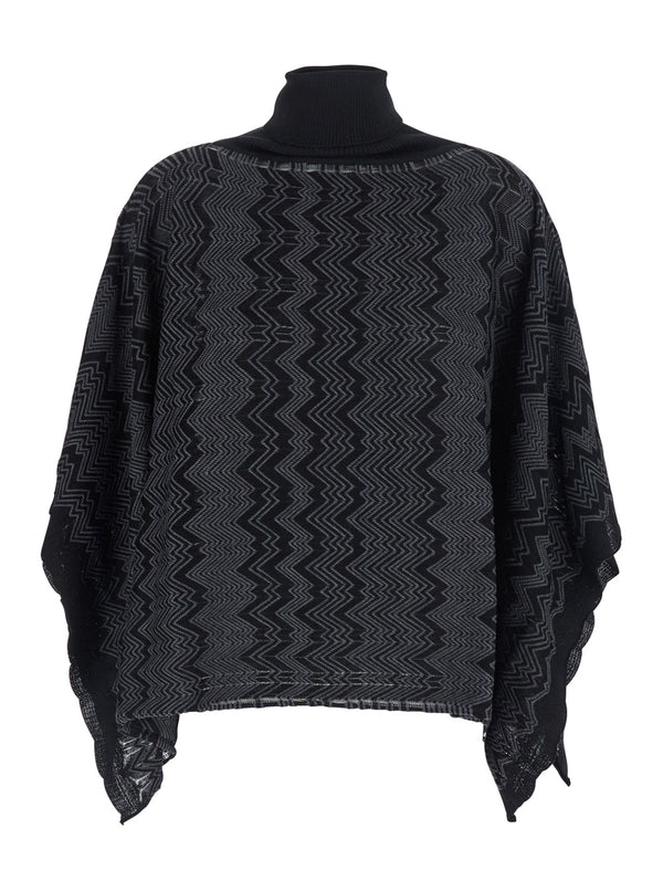 Poncho Black Wool Blend Viscose Coat