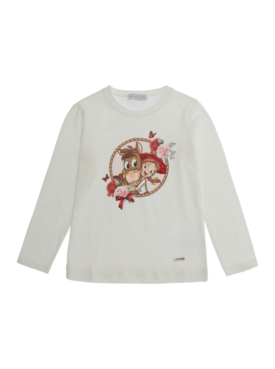 T-Shirt With Cowgirl Print, White Cotton