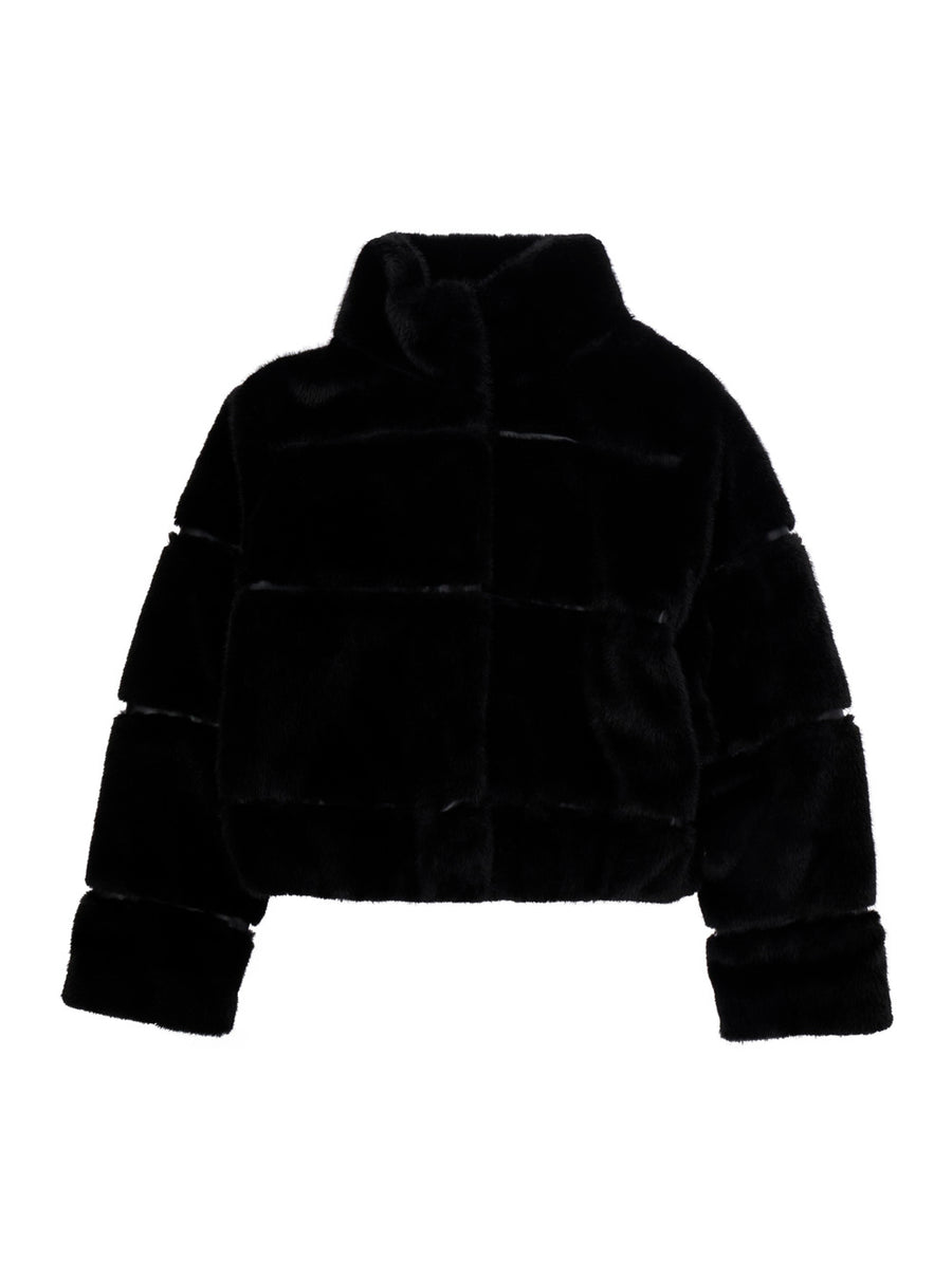 Plush Bomber Jacket Black Polyester Coat