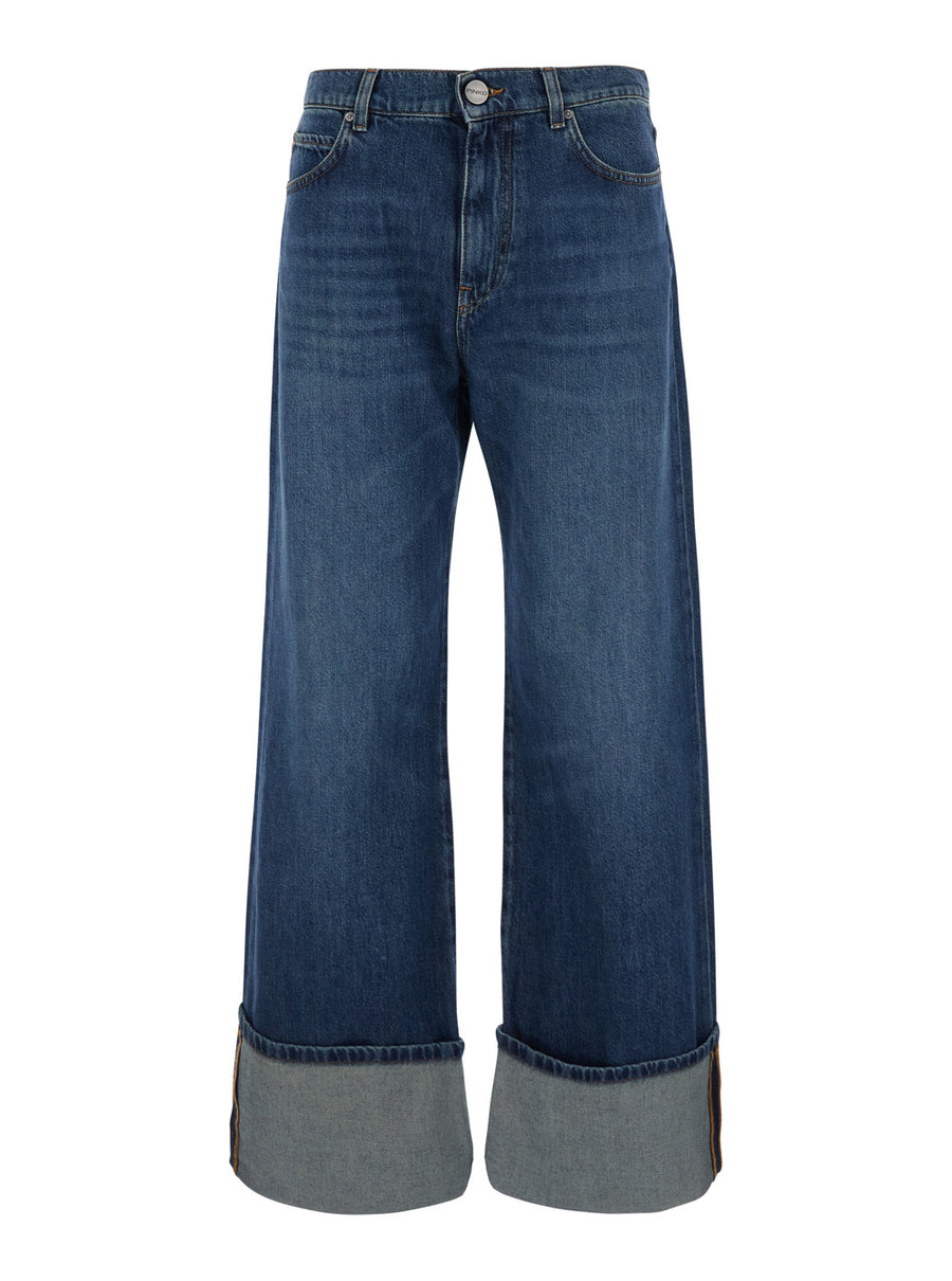 High-Waisted Blue Jeans With Cuffs Cotton