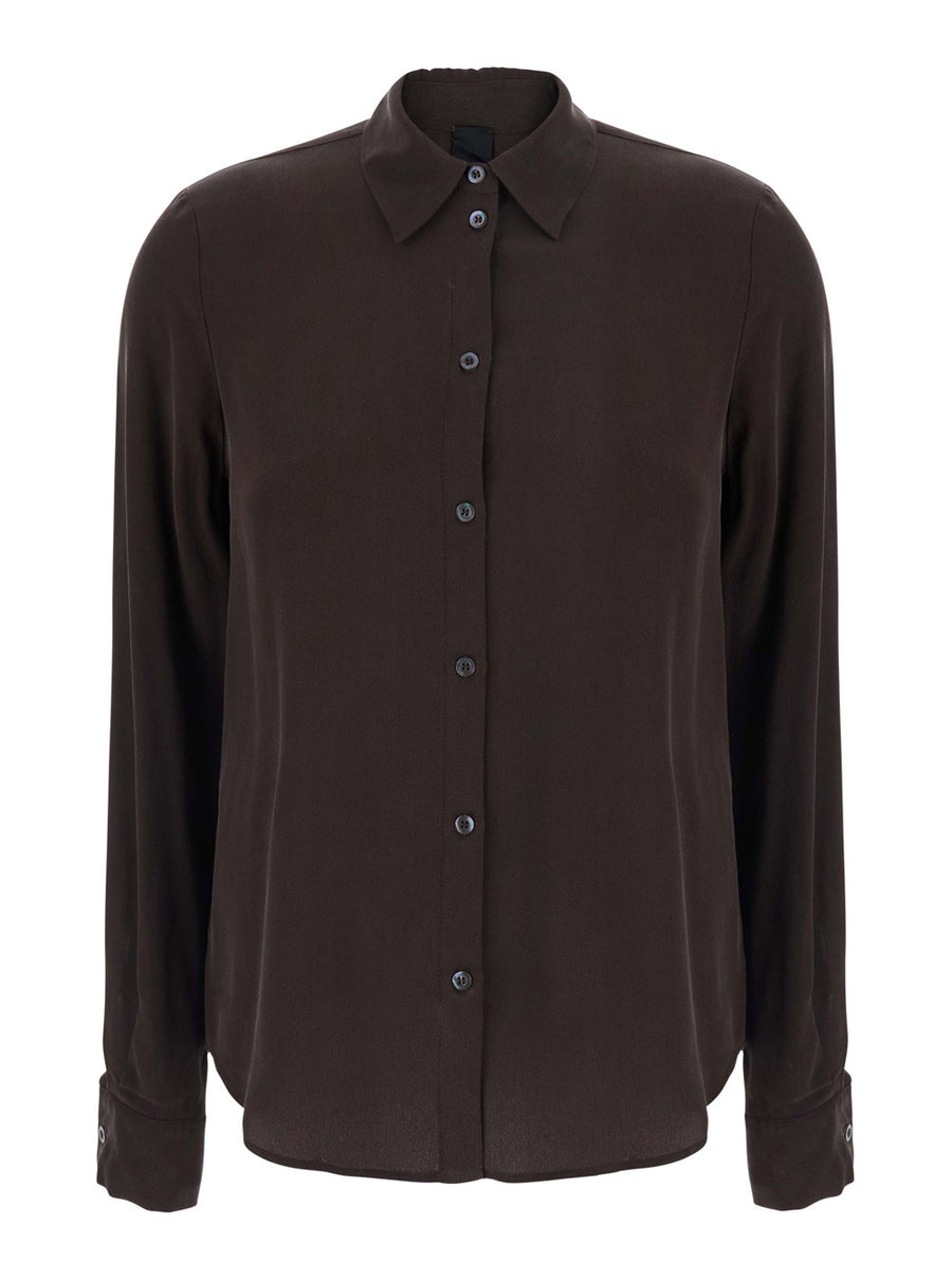 Crepe De Chine Pleated Shirt Brown Silk Blouses