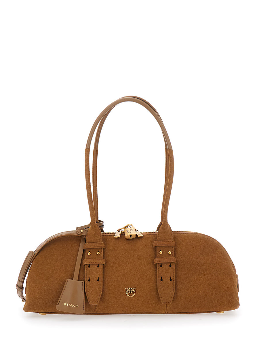 Shoulder Bag Bowling Horizontal Brown Suede Leather