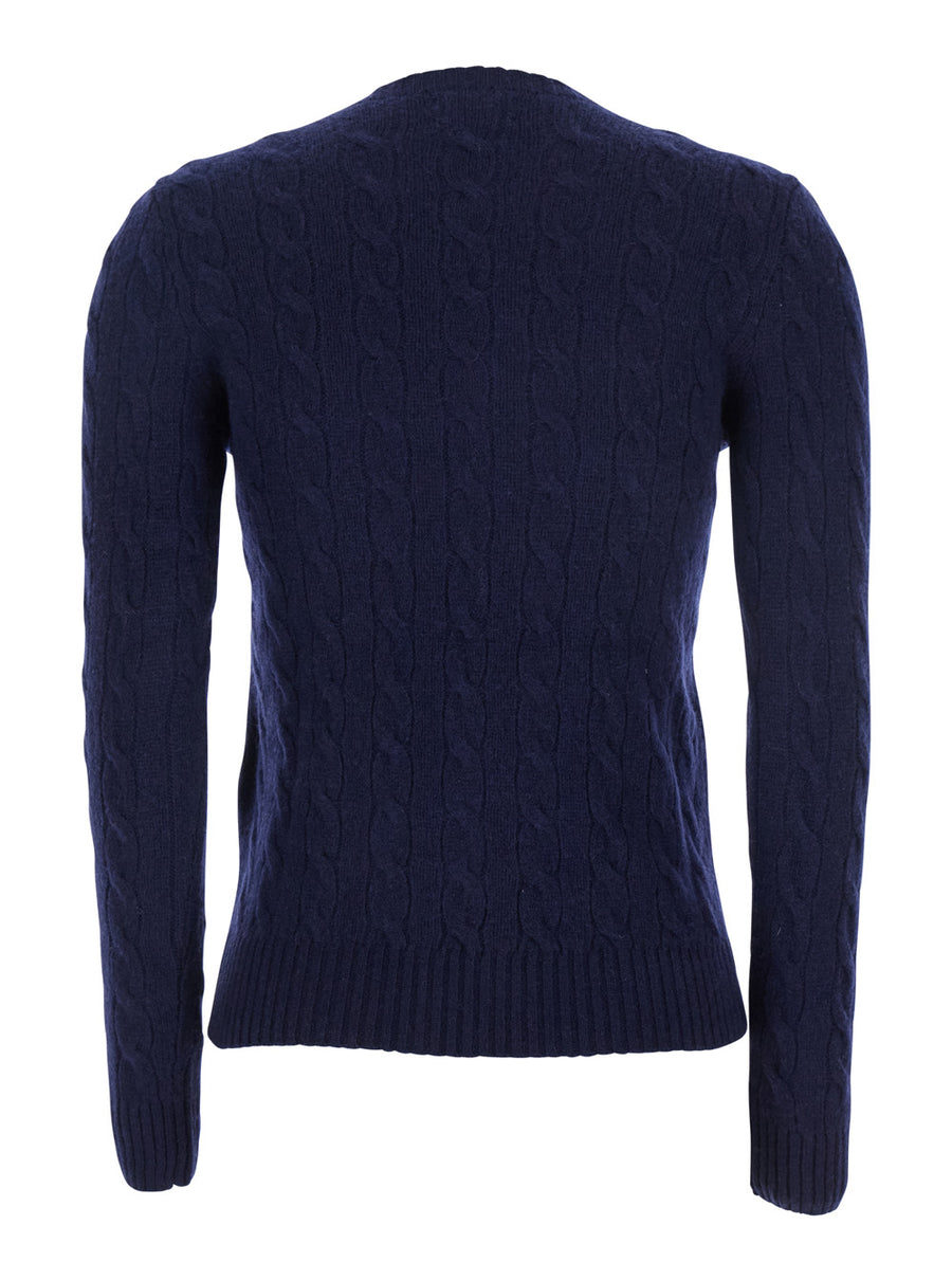 Crewneck Sweater Blue Cable Knit Wool Tops