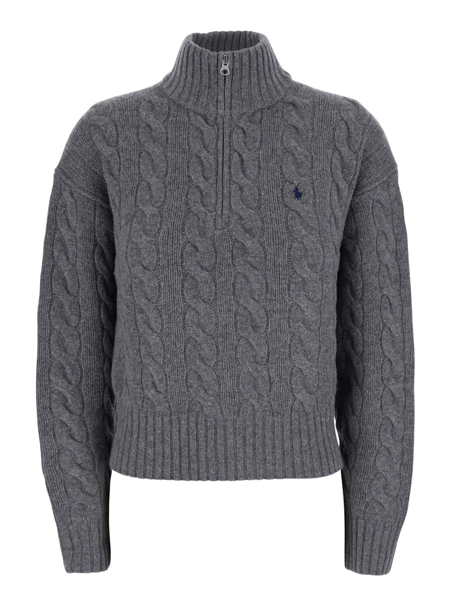 High-Neck Cable Knit Sweater Grey Wool Tops