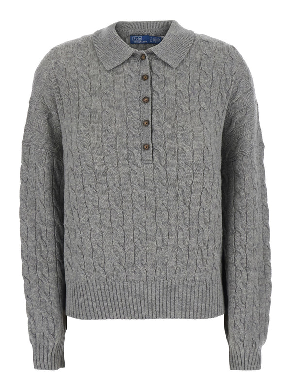 Cable Knit Wool-Cashmere Sweater Grey Tops