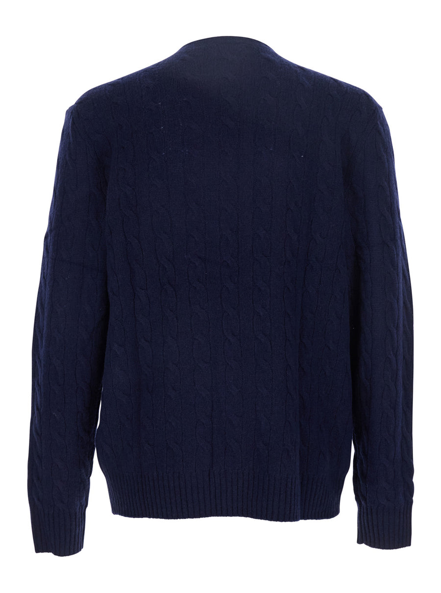 Crewneck Cable-Knit Sweater, Blue Wool Tops