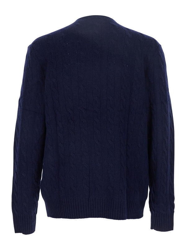 Crewneck Cable-Knit Sweater, Blue Wool Tops
