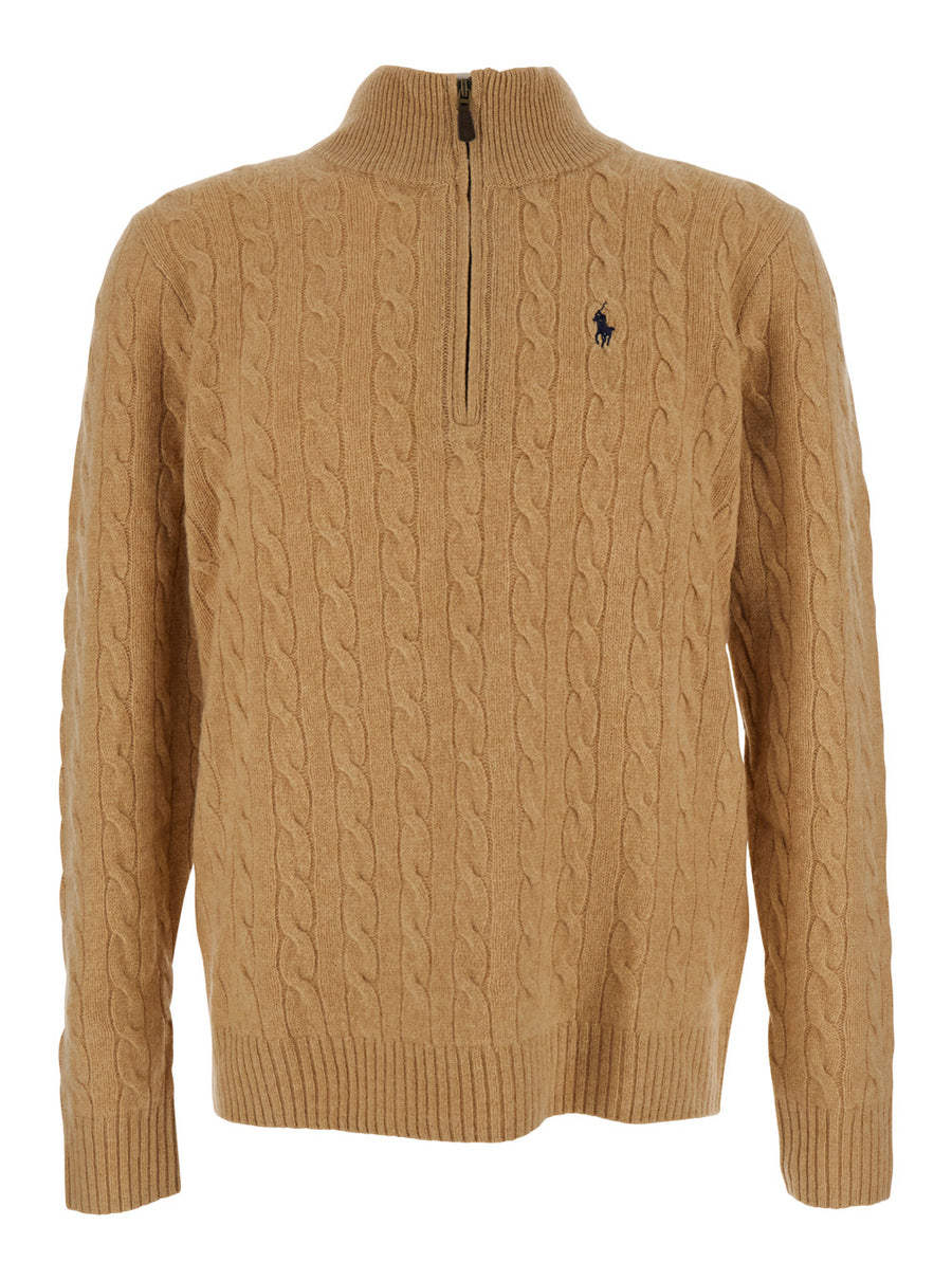 Cable-Knit Quarter-Zip Sweater Beige Wool Tops