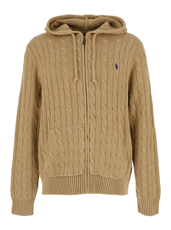 Hooded Cardigan Beige Cotton Tops