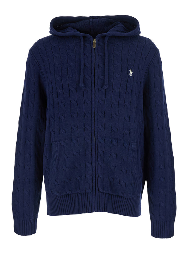 Hooded Cardigan Blue Cotton Tops