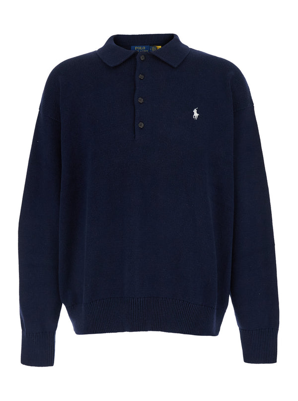 Sweater With Polo Collar, Blue Cotton