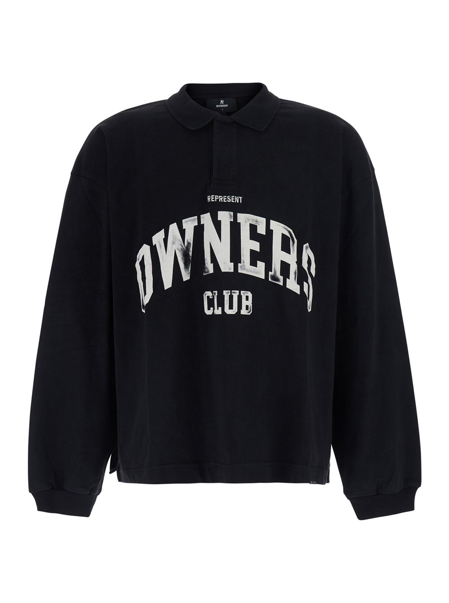 Sweatshirt With Polo Collar, Black Cotton Sweatshirts