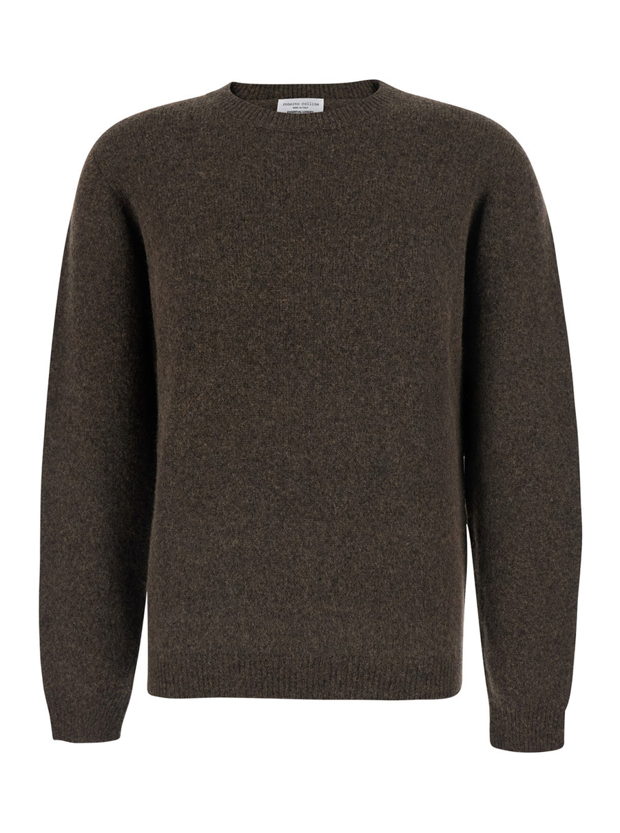 Crew Neck Sweater Brown Virgin Wool Tops