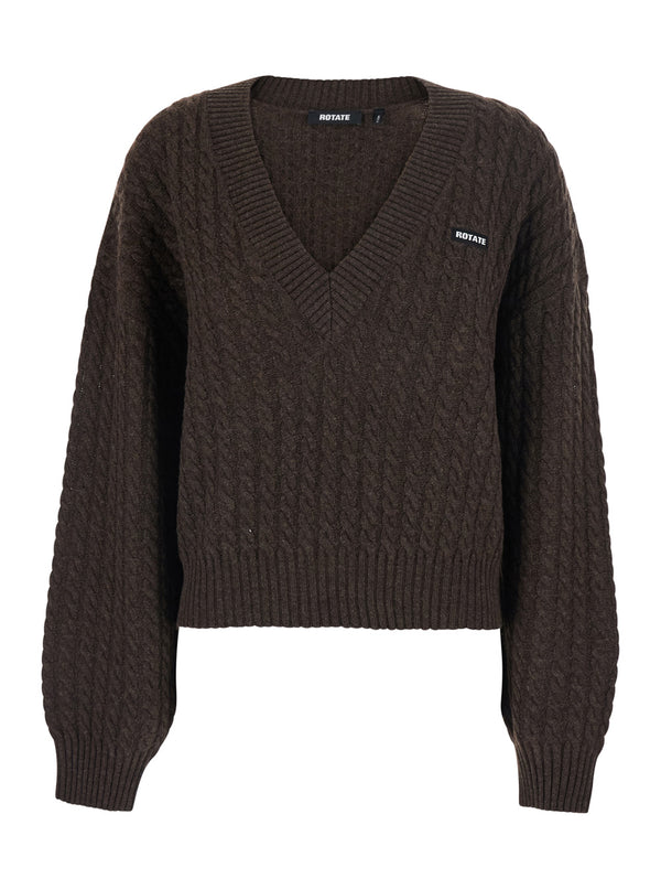 Sweater V-Neck Cable Knit Brown Merino Wool Tops