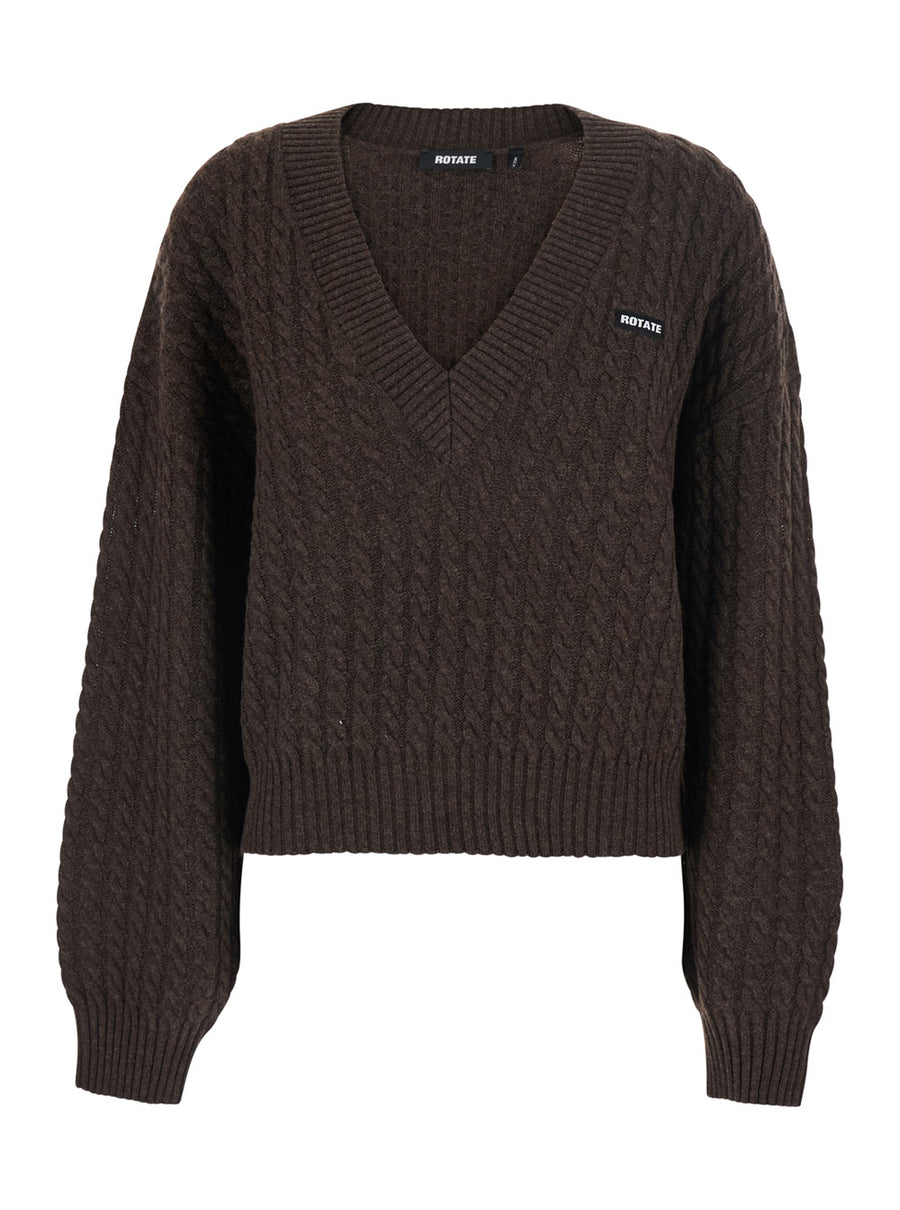 Sweater V-Neck Cable Knit Brown Merino Wool Tops